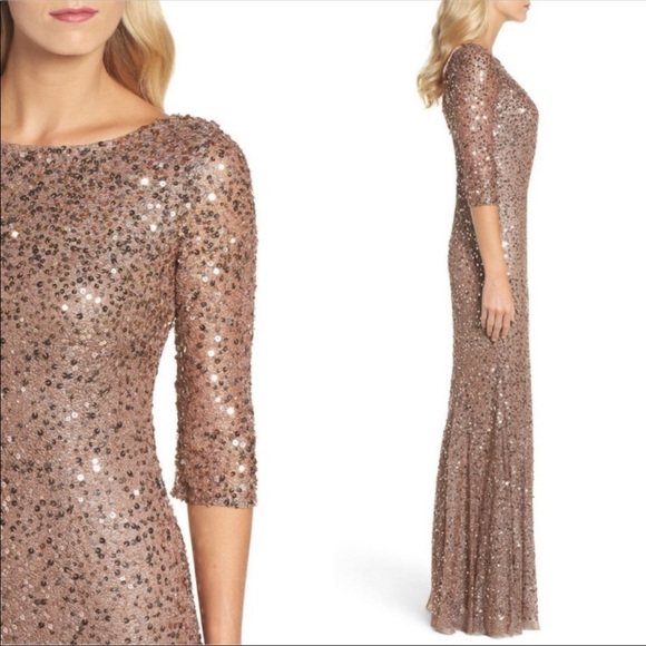 Adrianna Papell Long Sleeve Rose Gold Sequin Gown - Picture 4 of 9
